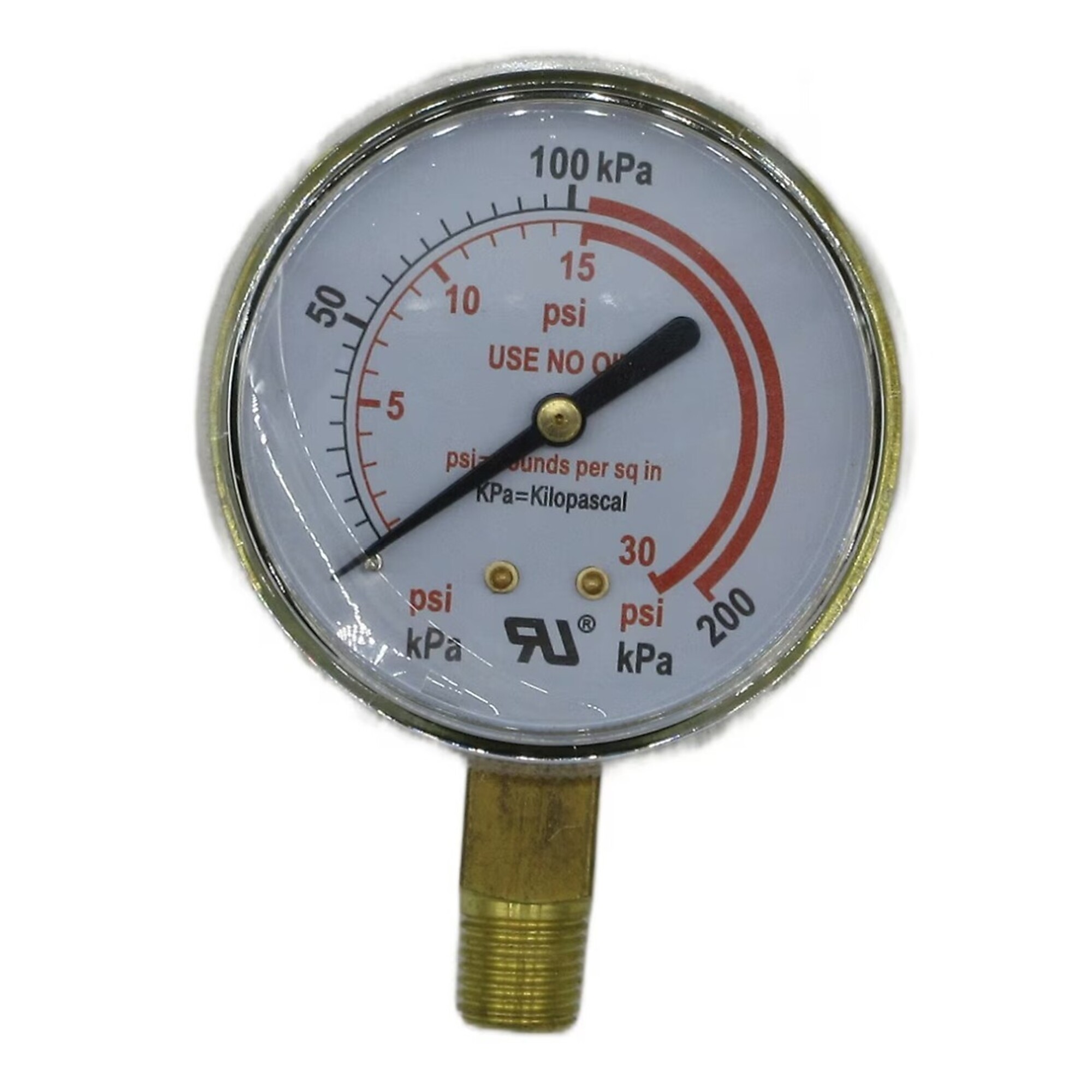 XTRweld Pressure Gauge — 2.5in., Brass, 30 PSI/kPa, Red Line, UL-Listed, Polycarbonate Lens, Bottom Mount, Model# XTRPG2530RL